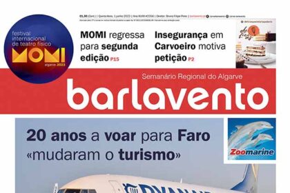 Edição n.º 2358 de 1 de junho do jornal barlavento, semanário regional do Algarve sobre a Ryanair e os 20 anos de operação em Faro.