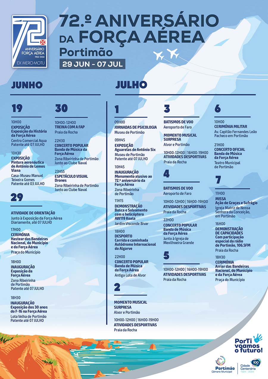 O programa das comemorações do 72.º Aniversário da Força Aérea, que este ano se celebra na cidade de Portimão, arranca este sábado, dia 29 de junho.