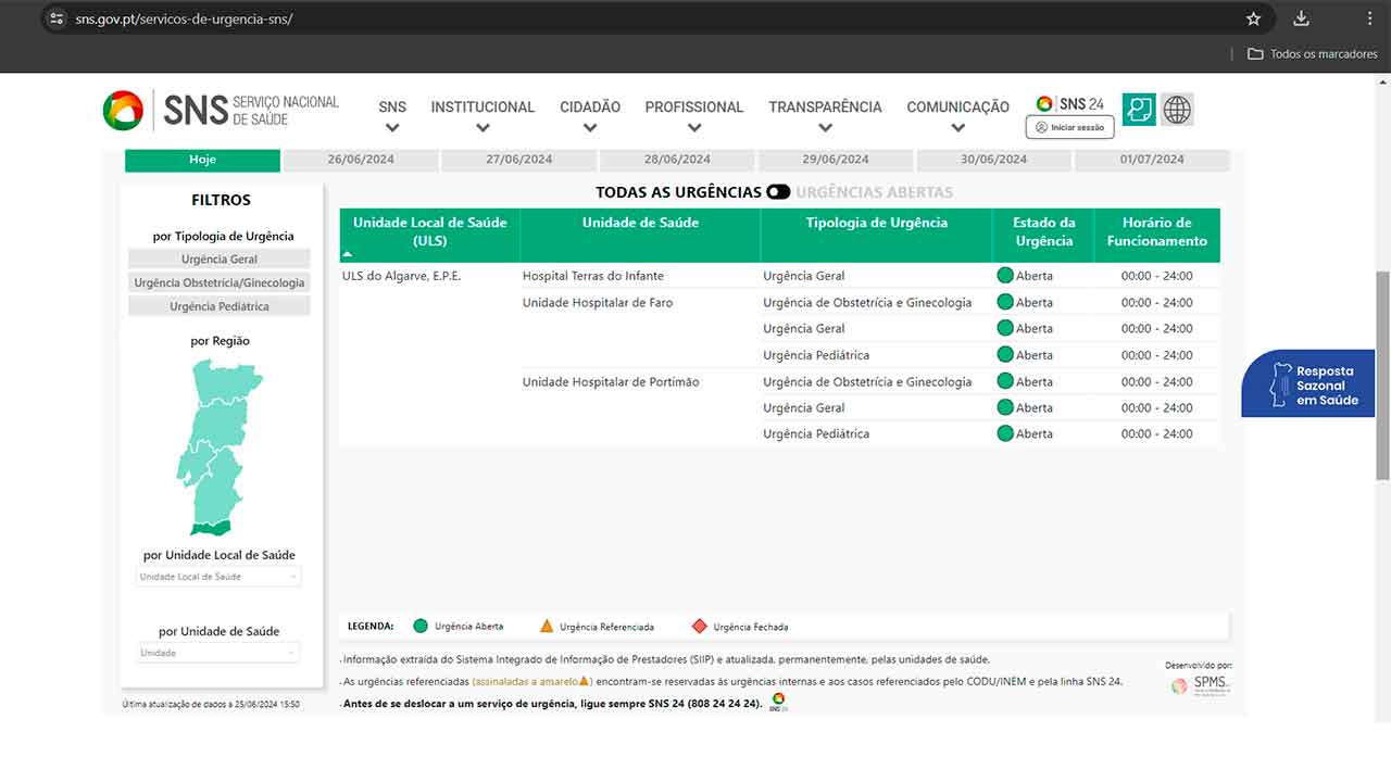 Ferramenta integra, de forma automática, os horários das urgências que constam do Sistema Integrado de Informação de Prestadores para os próximos sete dias, indica a direção executiva do Serviço Nacional da Saúde (SNS).