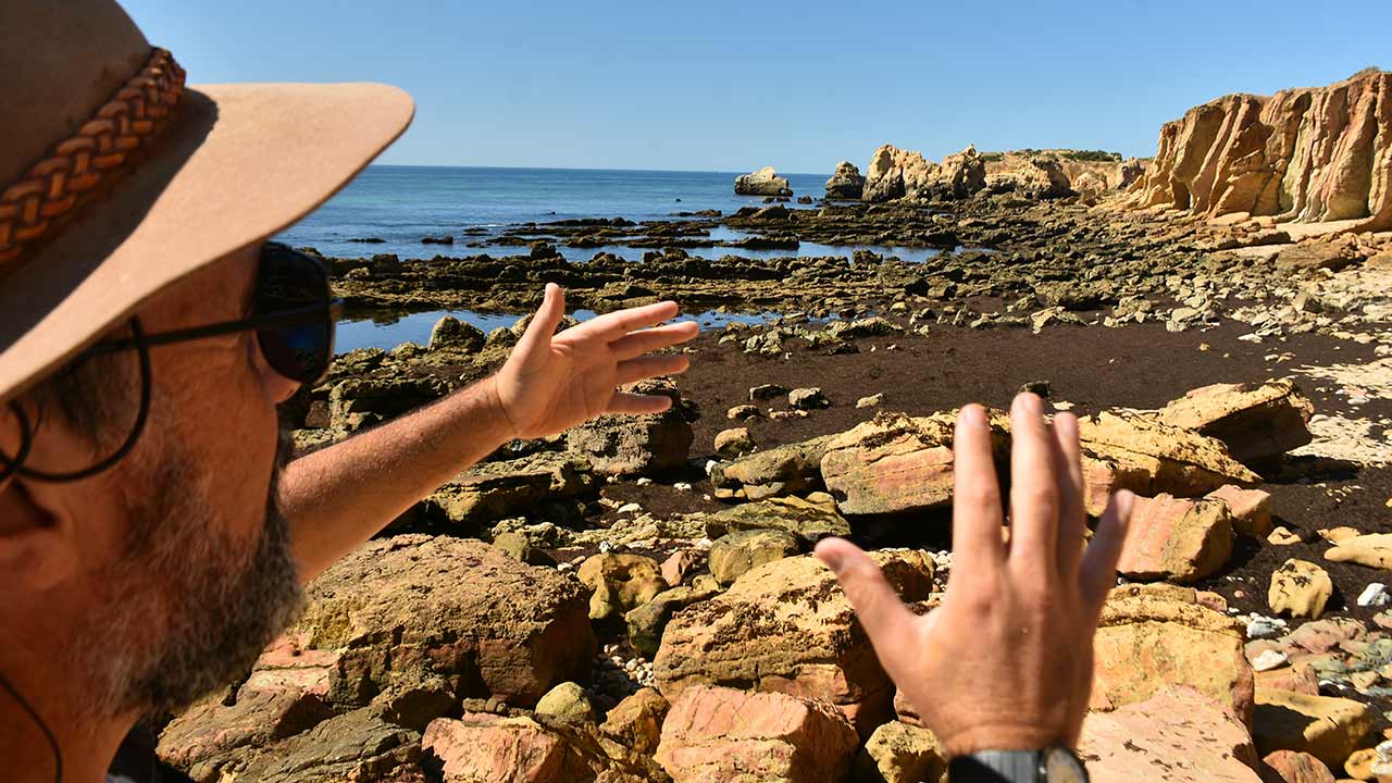 Uma jazida com 12 pegadas de diferentes dinossauros, entre outras descobertas de calibre mundial, na Praia dos Arrifes, em Albufeira, alavancam a candidatura do aspirante Geoparque Algarvensis à UNESCO.