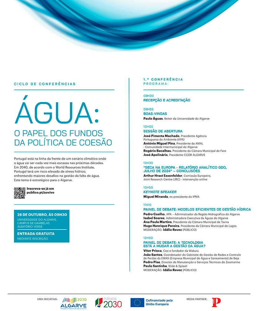 A primeira conferência do ciclo de debates sobre o uso eficiente da água, organizada pelo Programa Regional ALGARVE 2030 terá lugar em Faro, na segunda-feira, dia 28 de outubro, às 9h30.