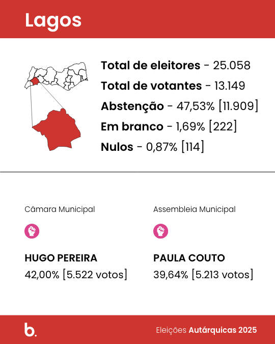 Hugo Pereira, candidato do Partido Socialista (PS), foi reeleito presidente da Câmara Municipal de Lagos com 42,00% dos votos, correspondentes a 5.522 votos e quatro mandatos.