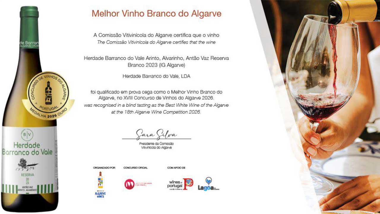 Blend Branco Reserva 2023 da Herdade Barranco do Vale foi ainda distinguido com a Medalha de Ouro no Concurso de Vinhos do Algarve.