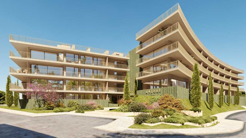 Unique Albufeira junta apartamentos T1 a T3, piscina, sauna e espaços de coworking num novo condomínio privado em Albufeira.