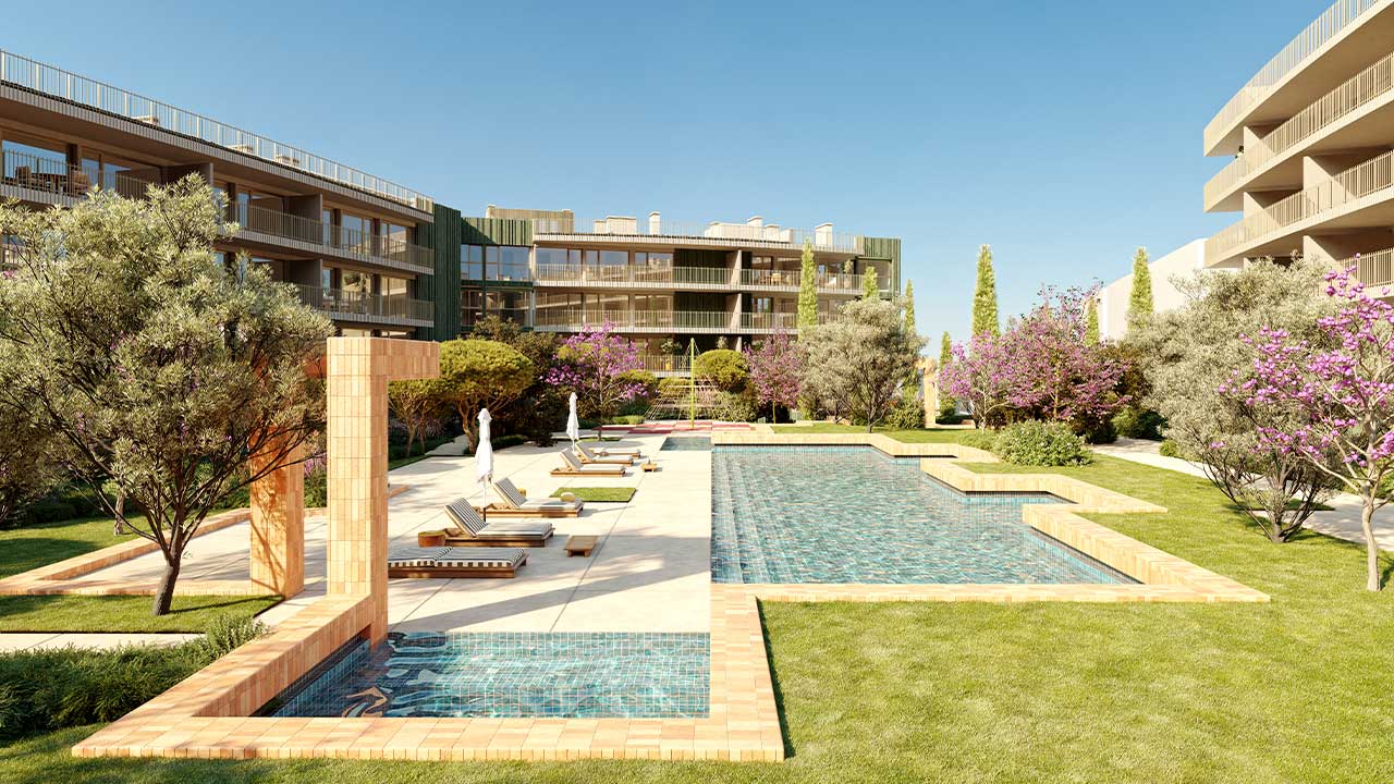 Unique Albufeira junta apartamentos T1 a T3, piscina, sauna e espaços de coworking num novo condomínio privado em Albufeira.