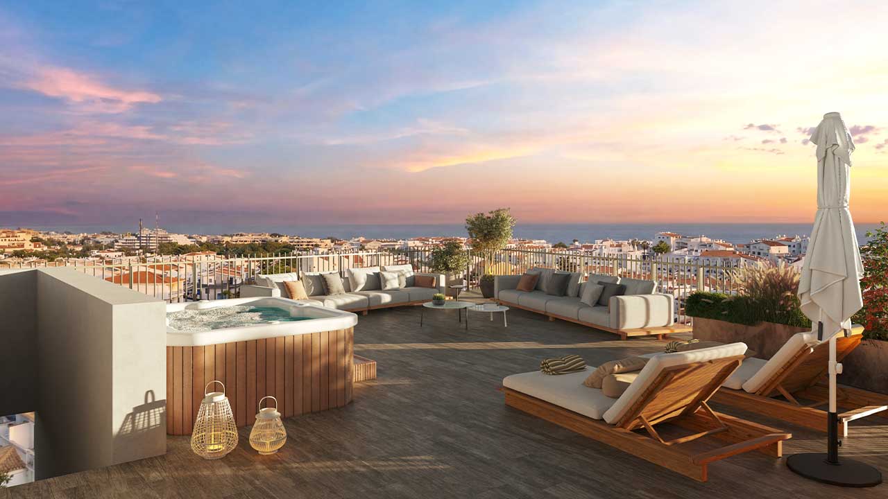 Unique Albufeira junta apartamentos T1 a T3, piscina, sauna e espaços de coworking num novo condomínio privado em Albufeira.